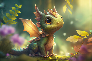 Wall Mural - Cute baby dragon in forest