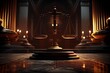 Scales Of Justice In The Dark Court Hall. Law Concept Of Judiciary, Jurisprudence And Justice. Generative AI