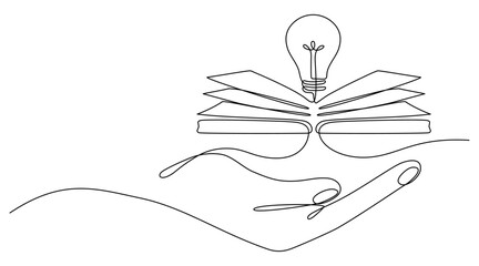 Wall Mural - Hand hold book with bulb continuous line drawn. Vector illustration isolated on white.