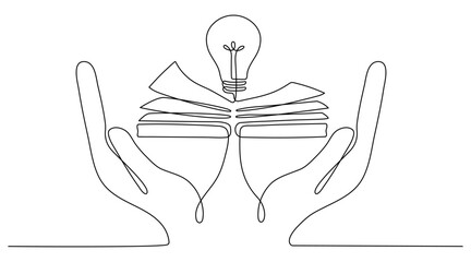 Wall Mural - hands hold book with bulb continuous line drawn. vector illustration isolated on white.