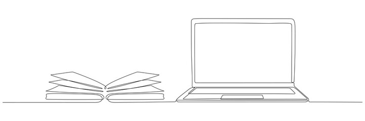 Laptop with book continuous line drawing. Online education linear illustration. Vector isolated on white.