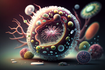 Wall Mural - Macro shot of different types of microbes, probiotics, gram positive bacteria. Virus cells and bacteria of various shapes on abstract background. Concept of science, medicine. Generative AI