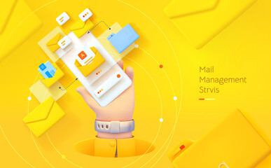 Wall Mural - email management. the hand is holding the phone. mobile application for data analysis and accounting