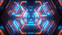 Abstract Technological Future Tunnel In Futuristic Style In Blue-orange Colors - 3D Illustration