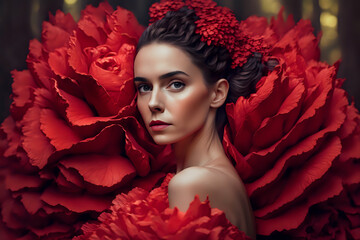 Close portrait of a young woman in an extravagant red flower blossom dress. Generative AI