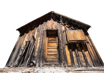 View of abandoned mining cabin on National Forest land in the California Sierra Nevada Mountains.  Isolated with cut out background.