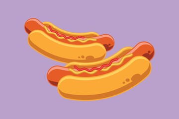 Graphic flat design drawing two fresh American hot dog logo graphic vector illustration. Fast food sandwich cafe menu and restaurant badge concept. Delicious lunch. Cartoon style vector illustration