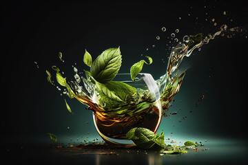 Green herbal tea splash and drops with mint leaves. Generative AI.1