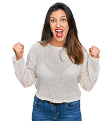 Sticker - Beautiful hispanic woman wearing casual sweater celebrating surprised and amazed for success with arms raised and open eyes. winner concept.