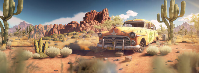 abandoned old rusty car yellow taxi wreck left at the middle of the desert with cactus as wide banner copy space area area and wide ratio - Generative AI