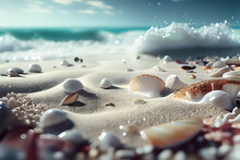 A Beach With Shells And Pebbles Scattered Around And The Sea In The Background - Generative AI