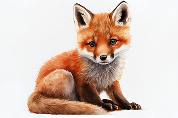 Wall Mural - Portrait of a little red fox cub. Watercolor realistic illustration on a white background. Generative AI.