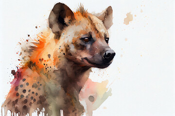 Wall Mural - Portrait of a spotted hyena, also known as a laughing hyena. Watercolor realistic illustration on a white background. Generative AI.