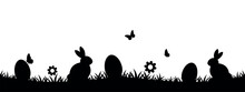 Easter Background, Black Silhouette Of Bunnies, Easter Eggs, Butterflies, Flowers, Panoramic Vector Illustration, Egg Hunt, Ostern, Ostermotiv Hintergrund