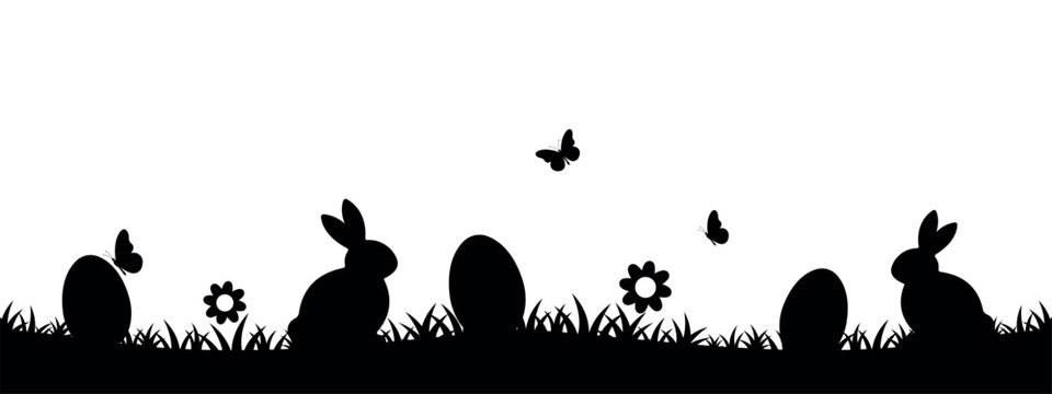 easter background, black silhouette of bunnies, easter eggs, butterflies, flowers, panoramic vector 