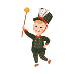 Wall Mural - Cute boy drum major. Happy kid in black traditional costume marching band parade with rod cartoon vector illustration