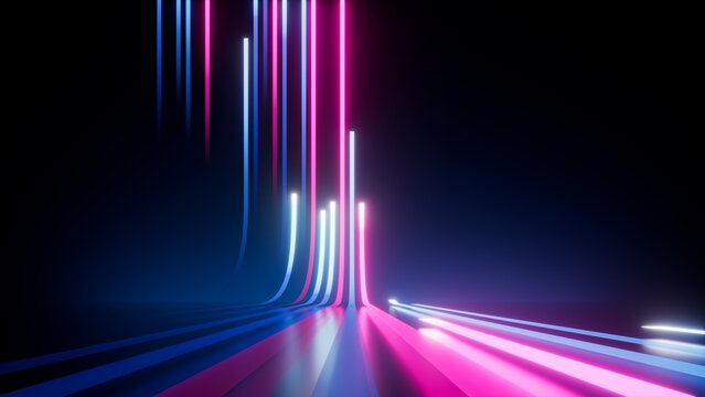 3d render, abstract background with vertical pink blue neon lines glowing in the dark. digital ultra