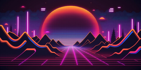 Wall Mural - Abstract digital futuristic synthwave neon background 3d banner, for header or website or other graphic resource with empty space for text.