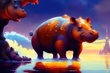 Digital Painting Of A Hippo. Modern Colorful Magic Hippopotamus, Cartoon Style Drawing. Generative Ai Art Illustration