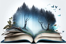  Illustration Of Open Book With Mystical Forest With Blue Fog, White Background. Generative AI