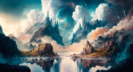 Wall Mural - a world filled with mist, clouds, and other ethereal elements, creating a dreamlike landscape, illustration - Generative AI