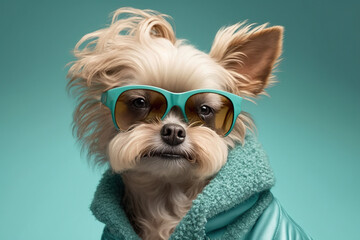 Cute dog as a fashion stylist on colored background, concept of Fashionable Pet and Colorful Design, created with Generative AI technology