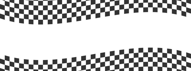 Wall Mural - Waving race flags background. Chess game, motocross or rally sport car competition banner with space for text. Warped black and white squares pattern. Checkered winding texture