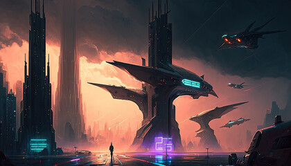 A futuristic cityscape with towering skyscrapers, flying cars, and neon lights, set against a moody, dark sky, futuristic, cityscape, skyscrapers, flying cars, neon lights, moody, dark sky, future, 