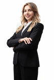 Fototapeta Na sufit - Young business woman or office worker wearing a black suit. Smiling business woman, isolated on white background.
