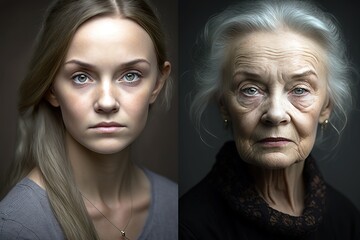same person young vs old portrait of caucasian woman. process of aging concept. generative ai
