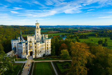 Wall Mural - Scenic aerial view of one of most impressive castles in Czech Republic - medieval Hluboka castle in Hluboka nad Vltavou, South Bohemia Region..