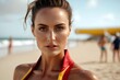 Headshot of attractive lifeguard woman at the beach. Generative AI
