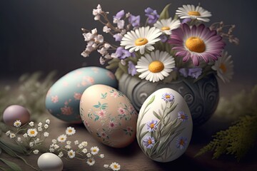 Floral Painted Easter Eggs. Holiday decoration spring celebration background Generative AI