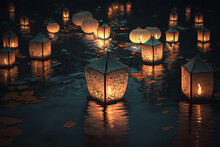 Paper Lanterns Representing Spirits Of The Departed Float On Dark Water During The Traditional Floating Lantern Festival, A Time-honored Memorial Day To Honor Loved Ones Who Have Passed Away.