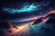 Illustration of colorful beach in fantasy night seascape. starry sky. digital art. unreal landscape painting. Generative AI