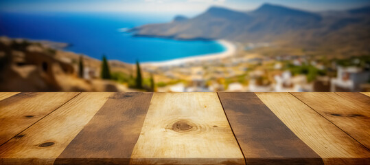 Wall Mural - Empty wooden table top with a blur view of the coastline of a gorgeous Greek island. vacation concept. to mount your product. digital art	