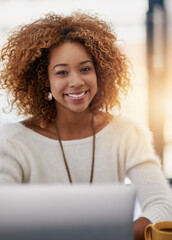 Aufkleber - My career is my bliss. Portrait of a young businesswoman sitting at her laptop in an office.