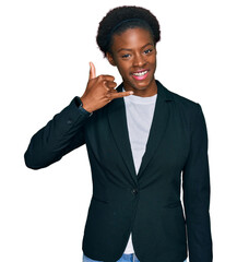 Poster - Young african american girl wearing business clothes smiling doing phone gesture with hand and fingers like talking on the telephone. communicating concepts.