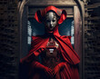 Red lady personification of death, blending of contemporary Venetian costume and electronic elements. Generative AI.