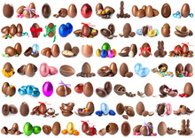 Set Of Sweet Chocolate Eggs And Bunnies On White Background