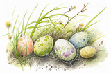 Fototapeta Mapy - Colored easter eggs in grass, white background. Easter illustration. Generative AI.