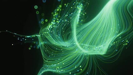 Wall Mural - futuristic stream of neon rays. optical fibers with data signals. particle trails background. commun