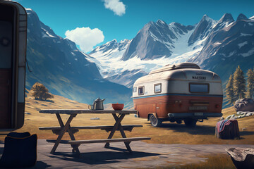 Wall Mural - Campsite in the mountains, with rv, and wooden table. generative ai