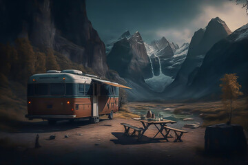 Wall Mural - Campsite in the mountains, with rv, and wooden table. generative ai