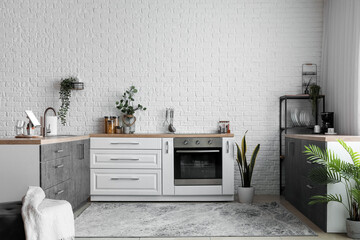 Canvas Print - Interior of light kitchen with white counters, electric oven and houseplants