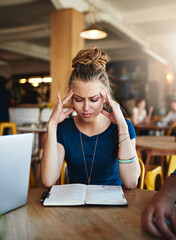 Poster - No one said it would be easy.... Cropped shot of a young student looking stressed while studying in a cafe.