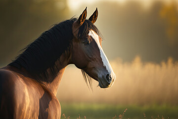 Wall Mural - beautiful wild horse looking to the side in a big green field with blurred background.