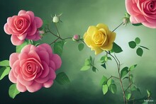 A Painting Of Three Pink Roses With A Green Background And A Bug On The Flower Stem, With A Green Background And A Yellow And White Rose In The Middle Of The Middle. Generative AI