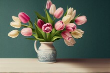 Watercolor Illustration Of An Old Clay White Jug With Pink Tulips On A Blue Wooden Table. Generative AI