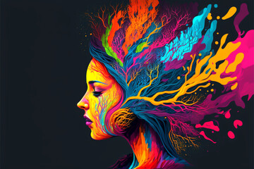 Wall Mural - Woman meditating with colorful nature energy, fictional person, Generative AI	